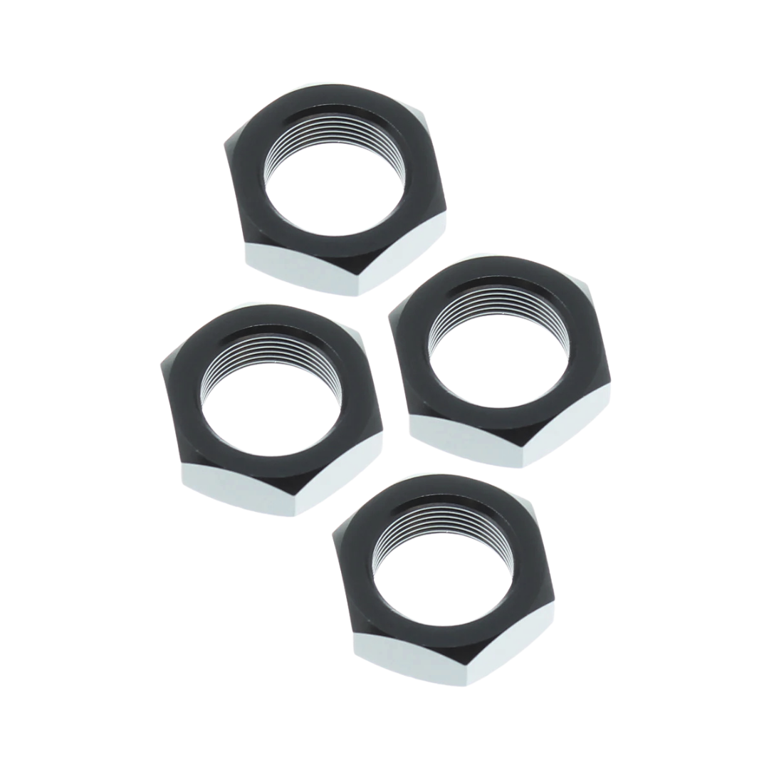 Four black hex nuts on a white background