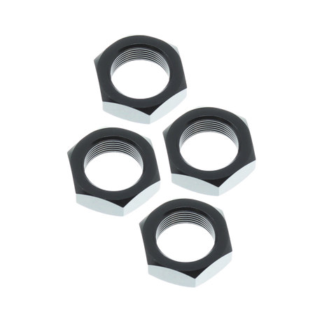 Four black hex nuts on a white background
