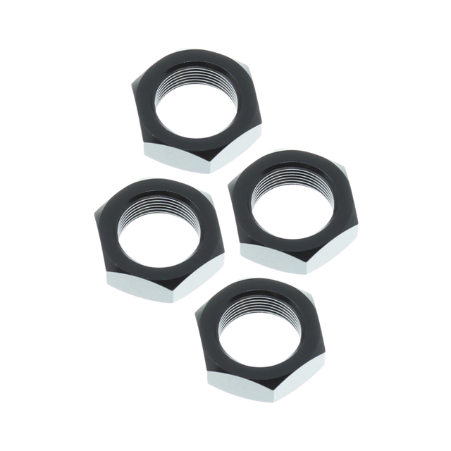 Four black hex nuts on a white background