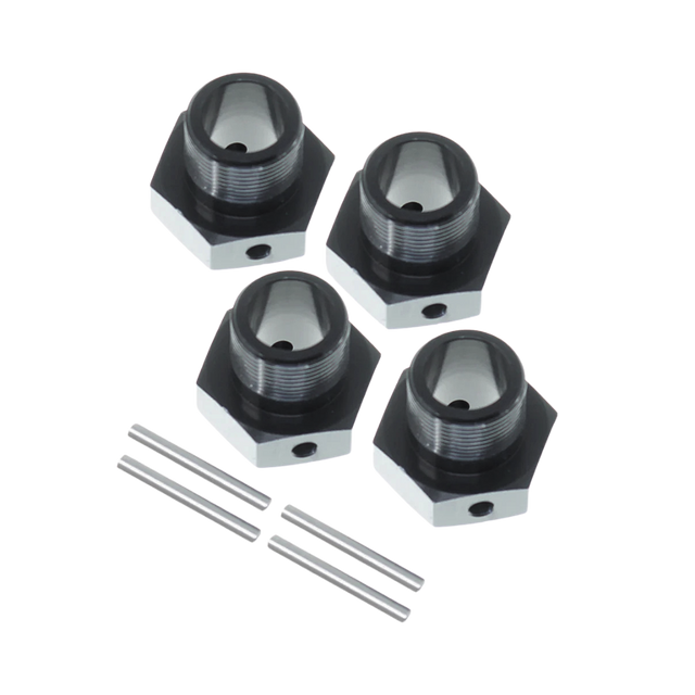 Four metal knobs with threaded shafts on a white background