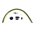 Set of mechanical parts including a black and yellow tube, connectors, and caps on a white background