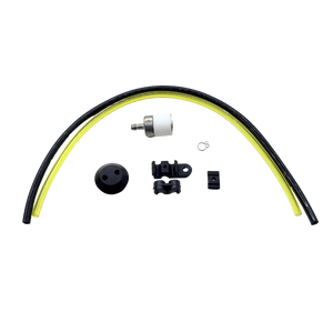 Set of mechanical parts including a black and yellow tube, connectors, and caps on a white background