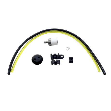 Set of mechanical parts including a black and yellow tube, connectors, and caps on a white background