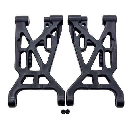 Two black plastic suspension links on a white background