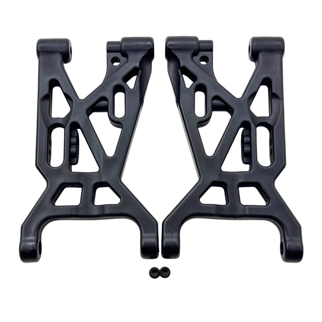 Two black plastic suspension links on a white background