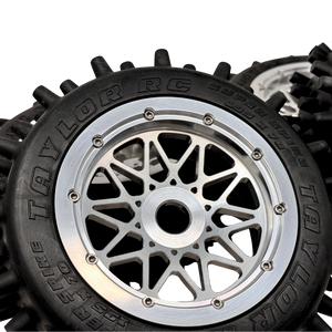 Close-up of a Taylor RC model car wheel with detailed tread pattern and rim design.