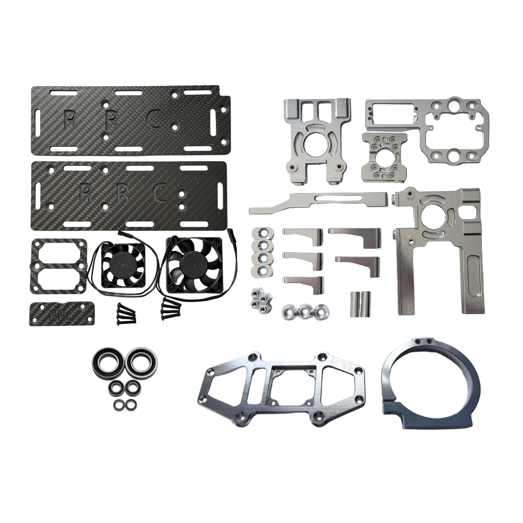 Collection of metal components and parts on a white background