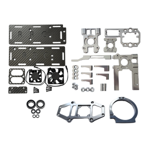Collection of metal components and parts on a white background