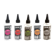 Five bottles of Core RC silicone oil with different viscosity labels on a white background