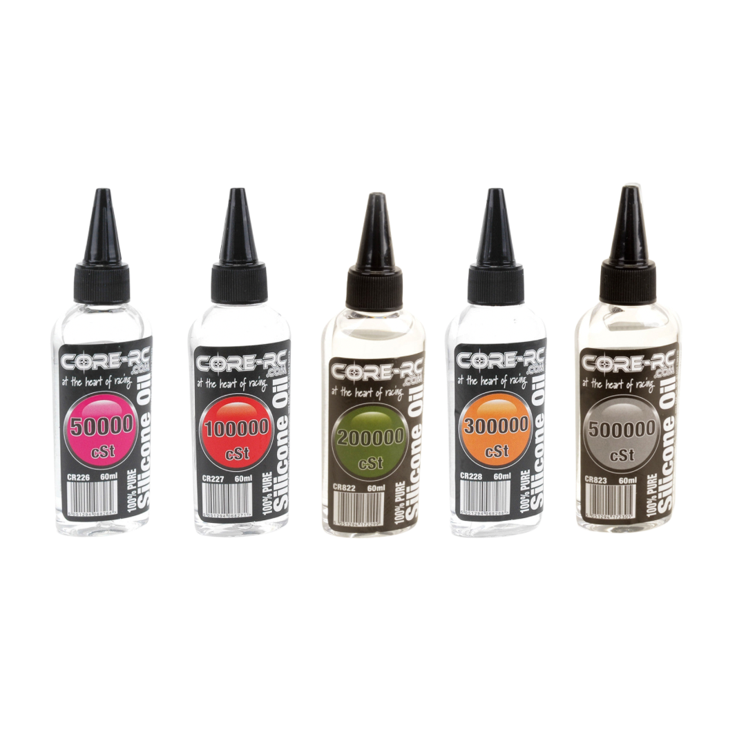 Five bottles of Core RC silicone oil with different viscosity labels on a white background