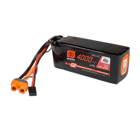 Spektrum Smart G2 4000mAh 2S 15C Rx LiPo battery shown at an angle with IC3 and receiver connectors