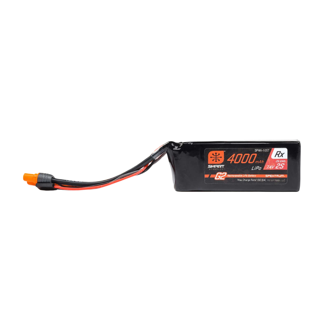 Spektrum Smart G2 4000mAh 2S 15C Rx LiPo battery side profile showing label and connector wire
