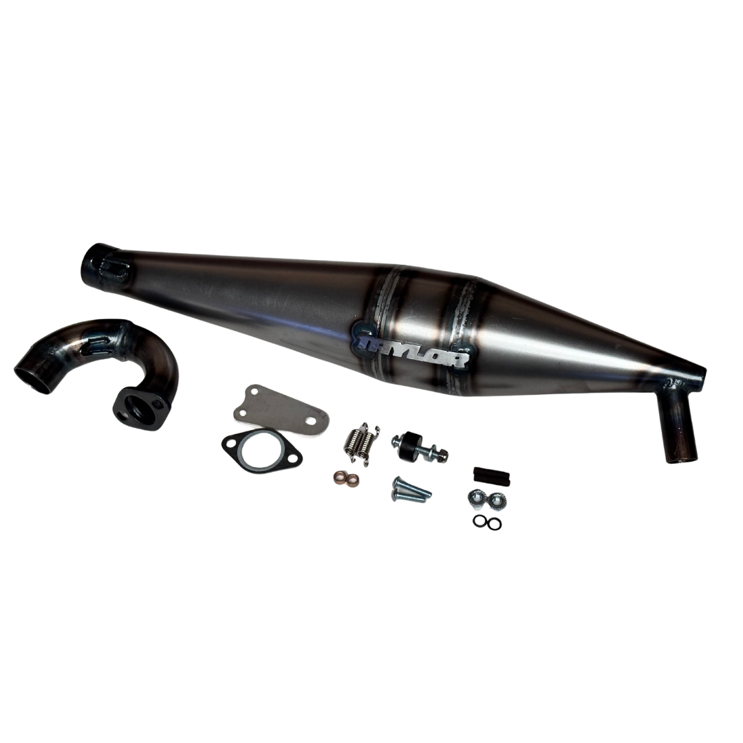 Taylor 40-50cc Vesla side exhaust pipe full kit shown from an alternate angle with manifold and hardware