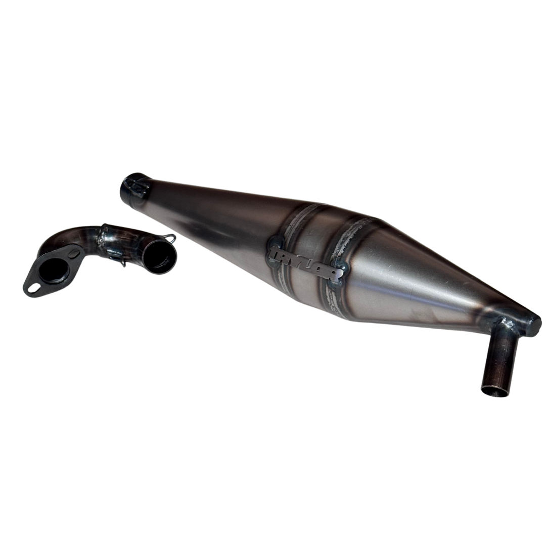 Taylor 40-50cc Vesla side exhaust pipe with manifold shown at an angle