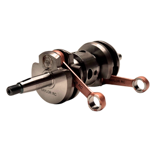 Alternate angled view of the Taylor 70cc piston port twin cylinder crankshaft showing the twin copper connecting rods and TAYLOR RC engraved crank webs