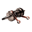 Taylor 70cc piston port twin cylinder crankshaft, angled view showing the twin copper connecting rods, main bearing journals and TAYLOR RC engraving
