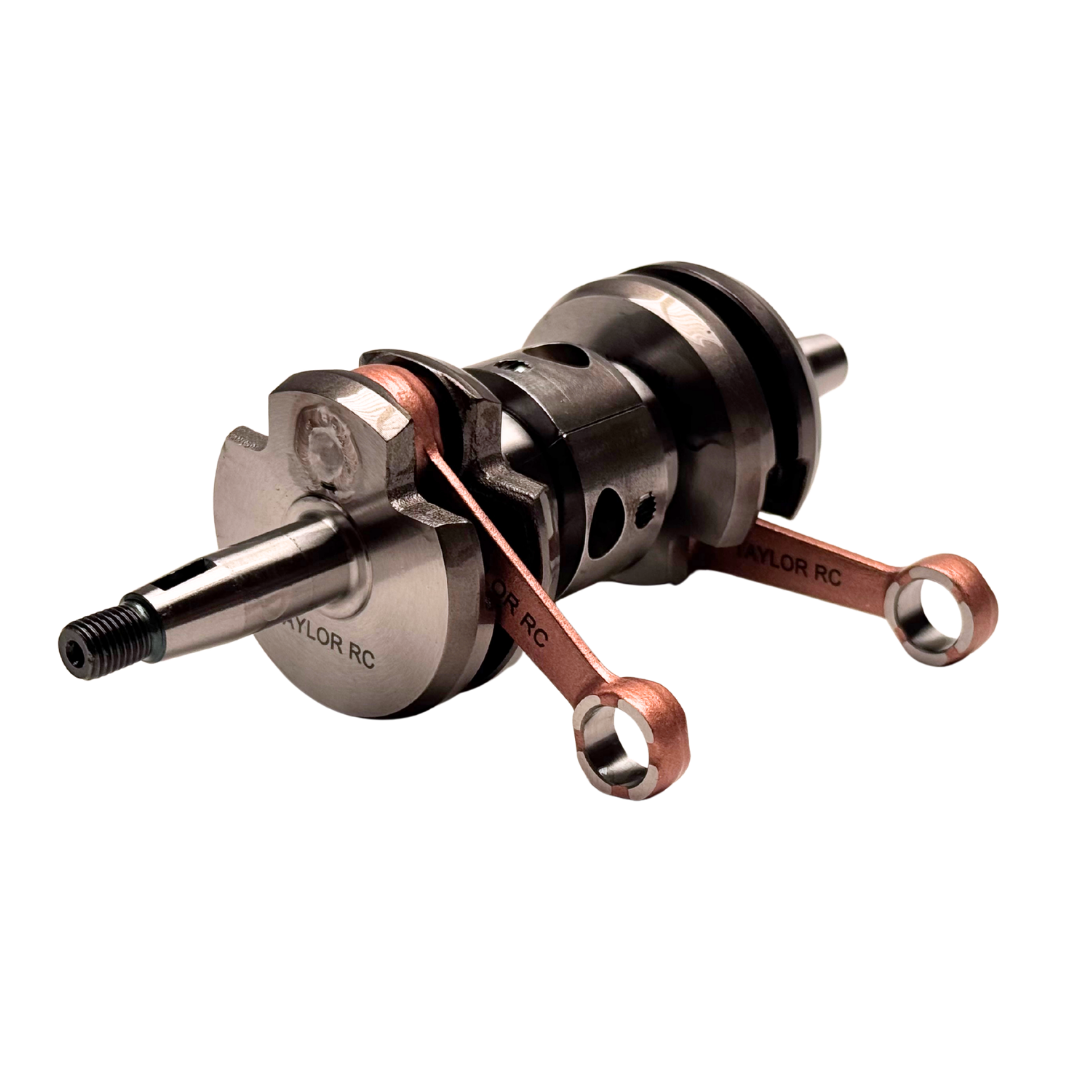 Taylor 70cc piston port twin cylinder crankshaft, angled view showing the twin copper connecting rods, main bearing journals and TAYLOR RC engraving