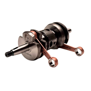 Taylor 70cc piston port twin cylinder crankshaft, angled view showing the twin copper connecting rods, main bearing journals and TAYLOR RC engraving
