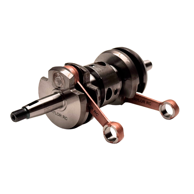 Taylor 70cc piston port twin cylinder crankshaft, angled view showing the twin copper connecting rods, main bearing journals and TAYLOR RC engraving