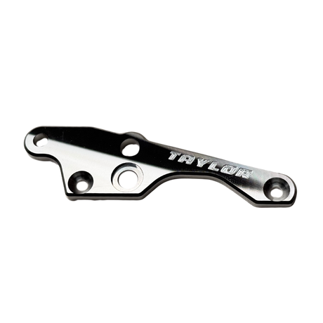 Top-down view of Taylor 70cc twin RH engine brace in raw silver aluminium with engraved Taylor logo