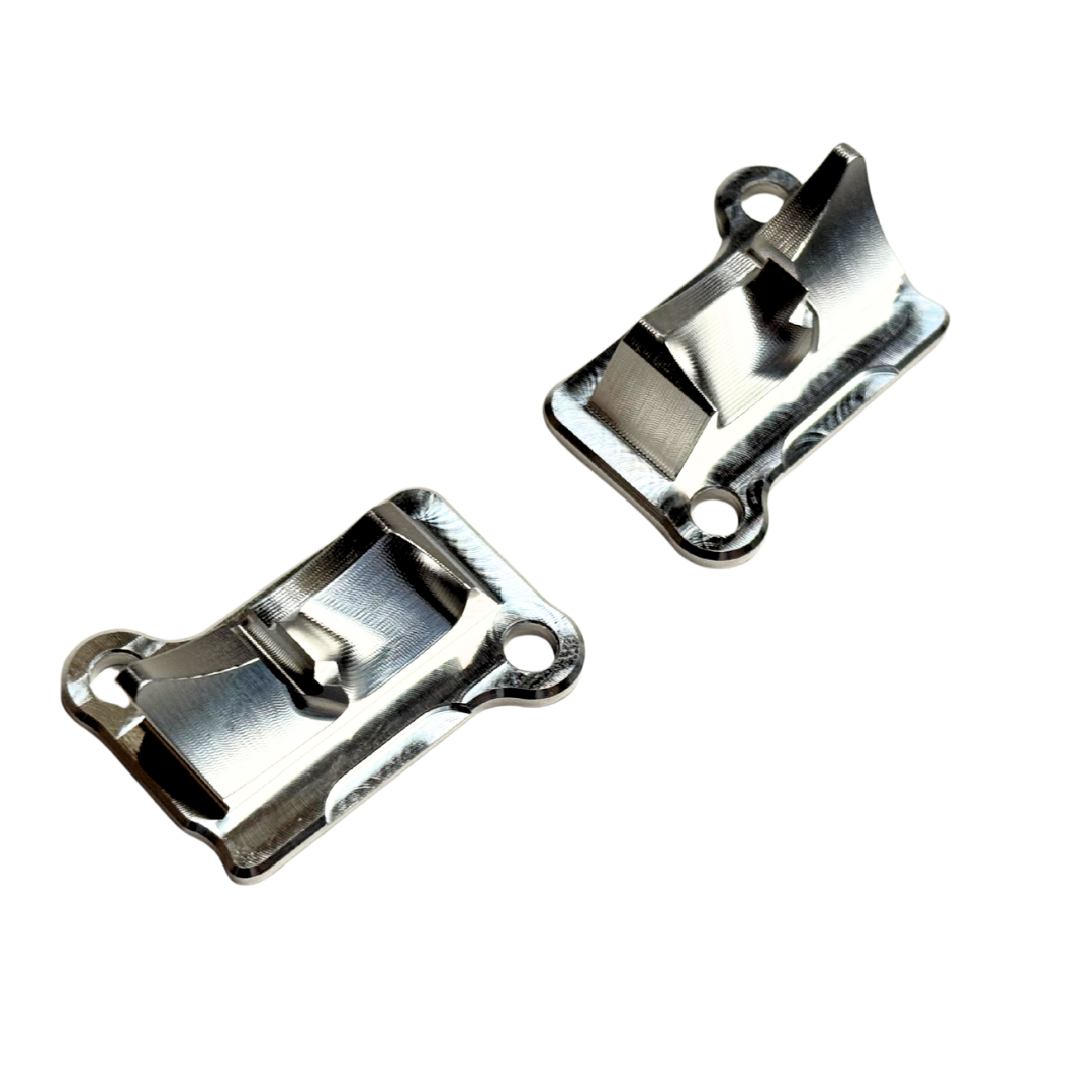 Taylor Billet CNC ported transfer covers in raw silver finish for Zenoah G320 and Fujiwara 350RC