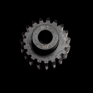 A collection of black carbon steel pinion gears with an 8mm bore designed for use with brushless motors, arranged in four rows on a dark background.