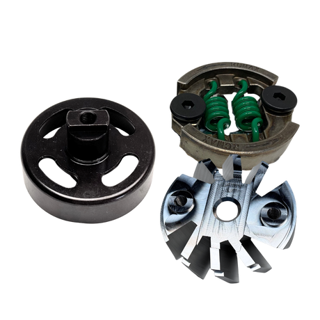 Taylor Kraken V3 clutch upgrade kit components — bell housing, RCMAX shoe assembly and clutch backplate
