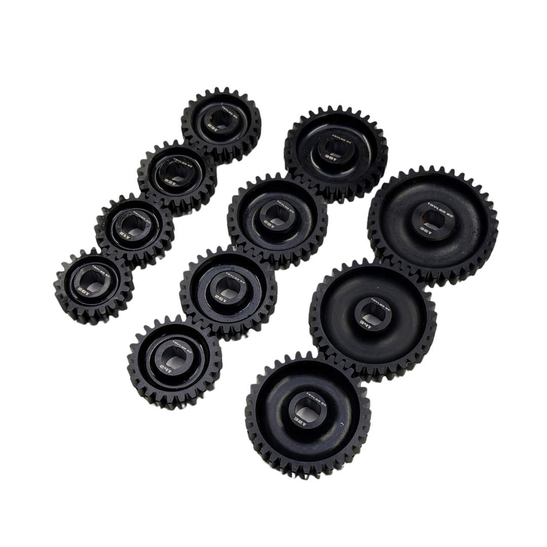 Taylor RC Blackbone pinion gears for Losi 5ive, 5T 2.0 and MCD, full set from 20T to 36T in black, angled view
