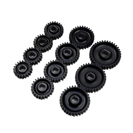 Taylor RC Blackbone pinion gears for Losi 5ive, 5T 2.0 and MCD, full set from 20T to 36T in black, angled view