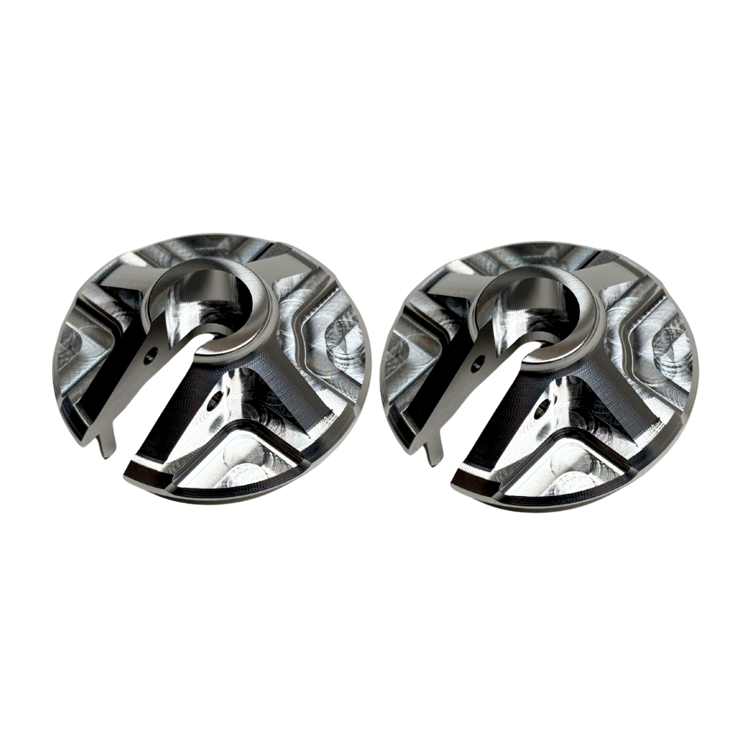Taylor Losi 5IVE-T 3.0 billet shock perch set of 2 in raw silver, angled top view showing the machined spoke detail and grub screw hole
