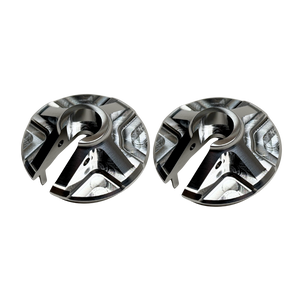 Taylor Losi 5IVE-T 3.0 billet shock perch set of 2 in raw silver, angled top view showing the machined spoke detail and grub screw hole