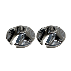 Taylor Losi 5IVE-T 3.0 billet shock perch set of 2 in raw silver, side view showing the raised centre hub and machined pockets