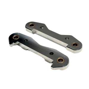 Taylor Losi 5T, 5IVE 2.0 and 5IVE-TG 3.0 raw silver billet 7075 front hinge pin braces, underside view showing the bronze bushings and screw holes