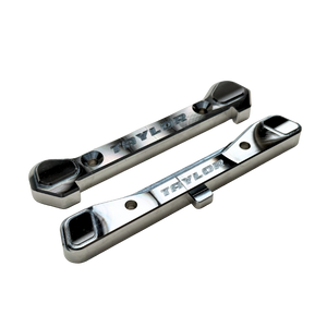 Taylor Losi 5T, 5IVE 2.0 and 5IVE-TG 3.0 raw silver billet 7075 rear hinge pin braces, pair showing the engraved Taylor logo and machined pockets