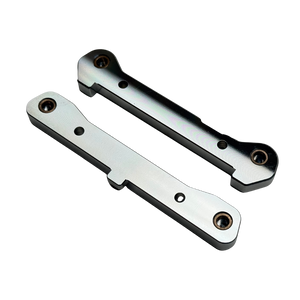Taylor Losi 5T, 5IVE 2.0 and 5IVE-TG 3.0 raw silver billet 7075 rear hinge pin braces, underside view showing the bronze bushings and screw holes