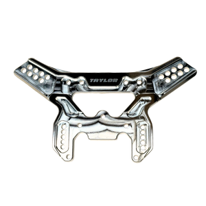 Taylor Losi 5T, 5IVE 2.0 and 5IVE-TG 3.0 raw silver billet 7075 rear shock tower, showing the shock mounting holes, slotted adjustment holes and Taylor logo