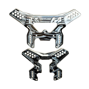 Taylor Losi 5T, 5IVE 2.0 and 5IVE-TG 3.0 raw silver billet 7075 shock tower set, front and rear towers together showing the multiple shock mounting holes and Taylor logo