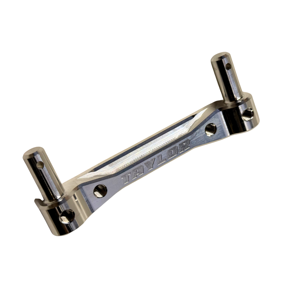 Taylor Losi 5T, 5IVE 2.0 and 5IVE-TG 3.0 billet rear body mount in raw silver, showing engraved Taylor logo, threaded mounting holes and body mount posts