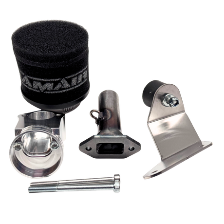 Set of parts including a black air filter, metal brackets, and bolts on a white background.