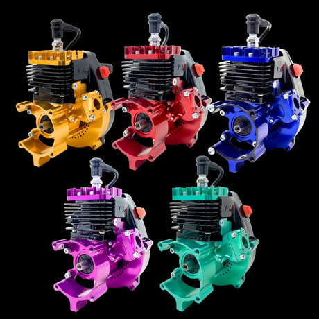 An array of custom-colored Taylor 35cc V2 Billet Reed Engines displayed together.