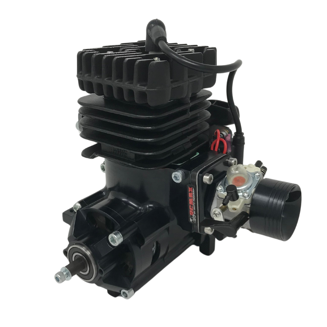 Black engine block with various components on a white background