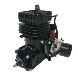 Black engine block with various components on a white background