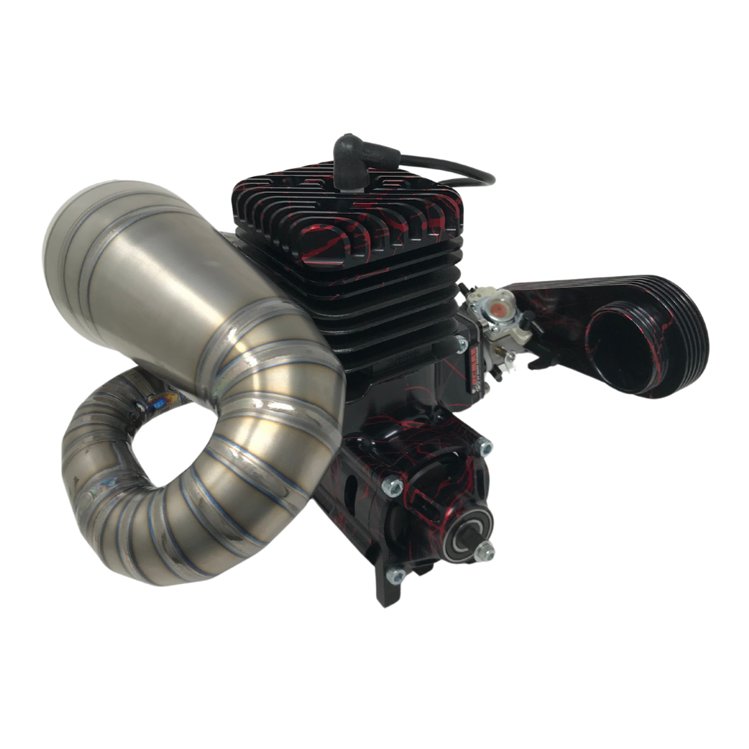 Engine with a silver exhaust pipe and black components on a white background