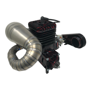 Engine with a silver exhaust pipe and black components on a white background