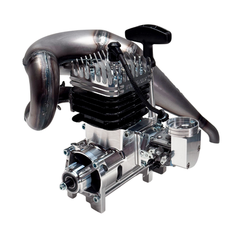 Engine block with shiny metal components on a white background