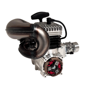 Taylor RC 50GT V2 GOPED GSR46 engine complete package, front view from an alternate angle showing the clutch/bell side and pull-start handle