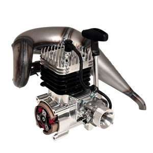 Taylor RC 50GT V2 GOPED GSR46 engine complete package, rear view from the pull-start side at an alternate angle showing the recoil handle and tuned pipe