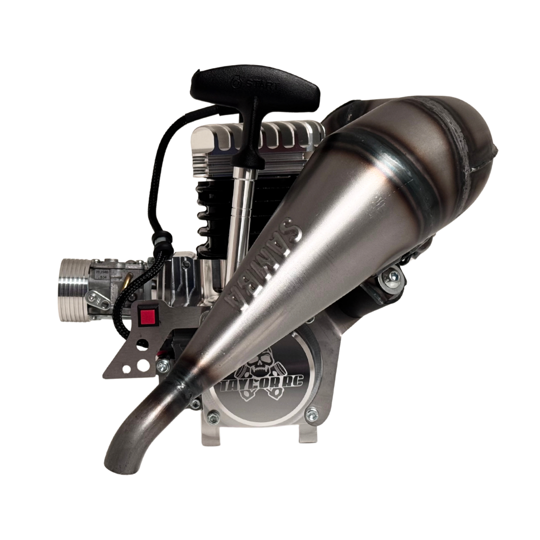Taylor RC 50GT V2 GOPED GSR46 engine complete package, rear view showing the Samba tuned pipe cone and Taylor RC branded clutch cover