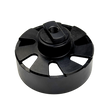 Black metal component with central threaded hole on a white background