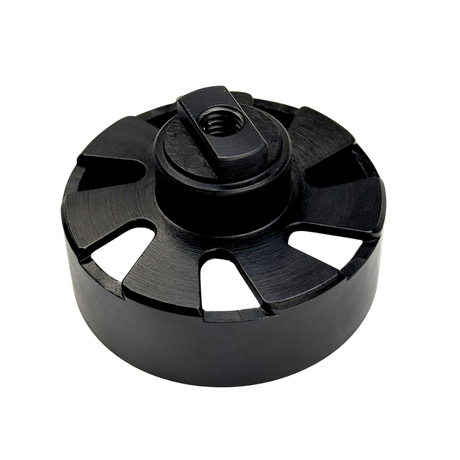 Black metal component with central threaded hole on a white background